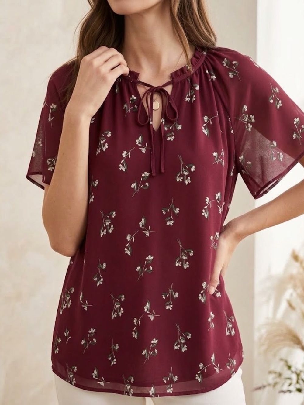 LOFT Burgundy Floral Top